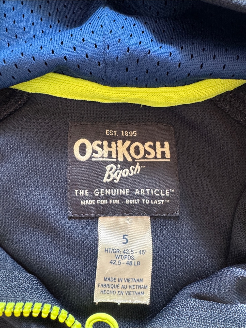 OshKosh B'gosh Navy Hooded Pullover with Yellow Zipper Accents - Picture 6 of 7